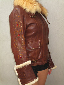 BROWN LEATHER JACKET WITH FUR &amp; SEQUIN