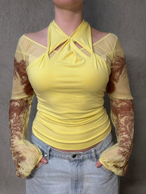 YELLOW PRINTED MESH TOP