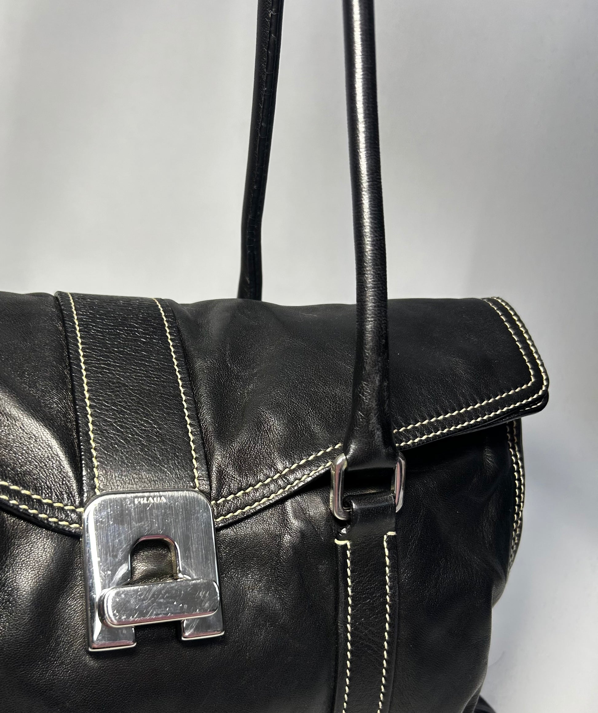 PRADA LEATHER FLAP SHOULDER BAG