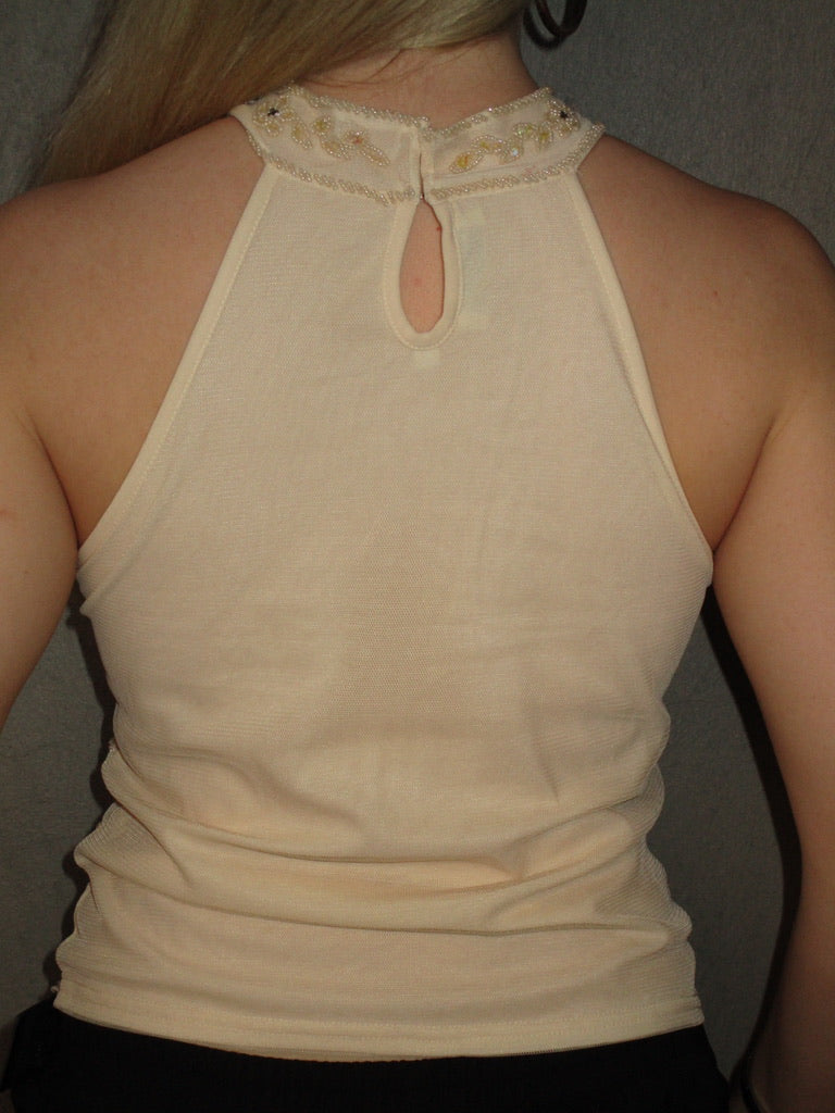 CREAM HIGH NECK SEQUIN TOP