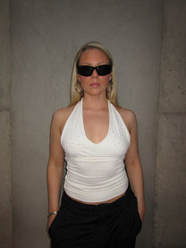 WHITE HALTER TOP WITH RHINESTONES