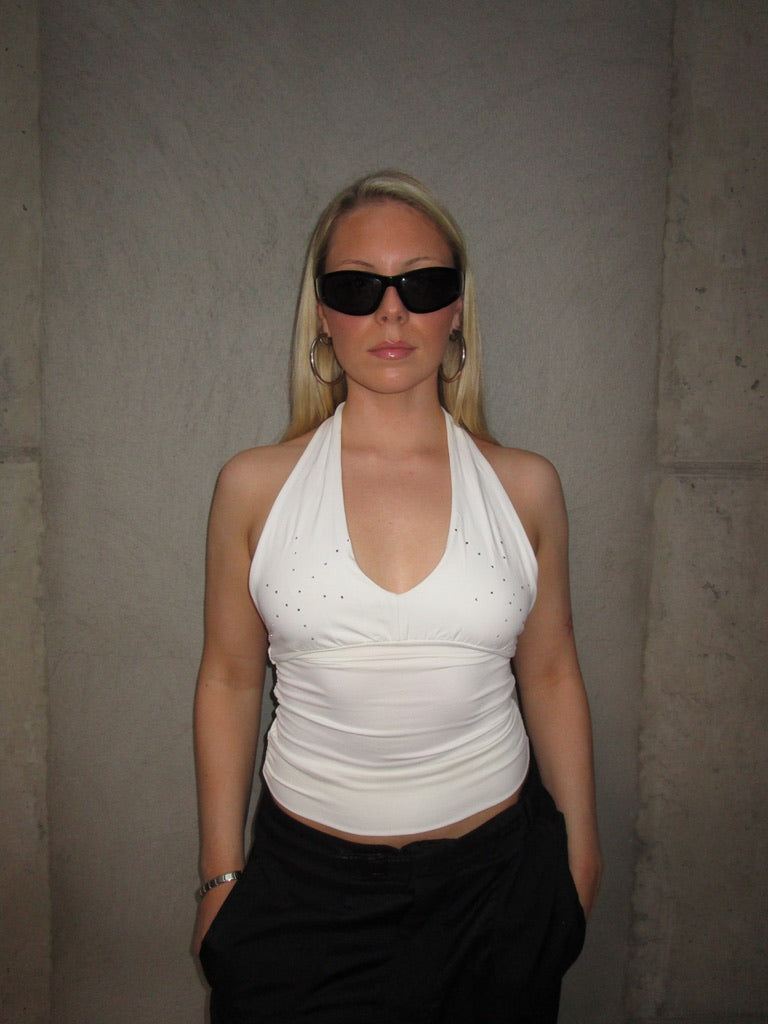 WHITE HALTER TOP WITH RHINESTONES