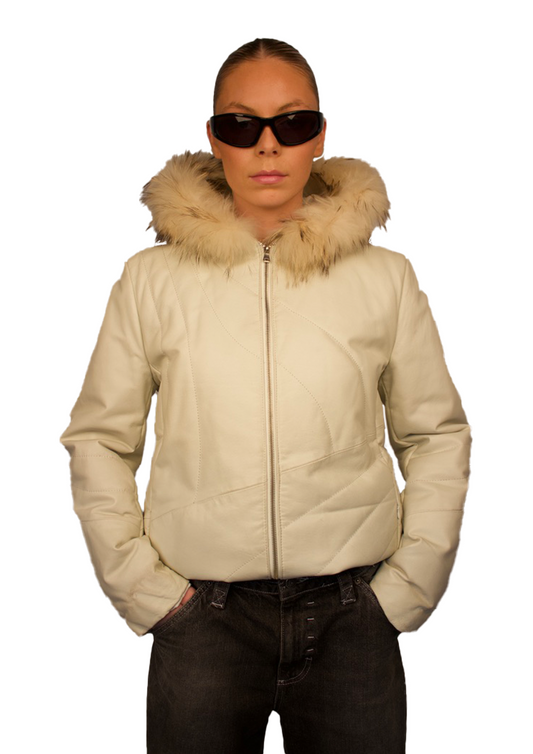 WHITE LEATHER PARKA WITH FUR ON HOOD