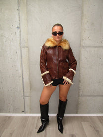 BROWN LEATHER JACKET WITH FUR &amp; SEQUIN