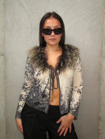 ROBERTO CAVALLI HORSE PRINT &amp; FUR CARDIGAN