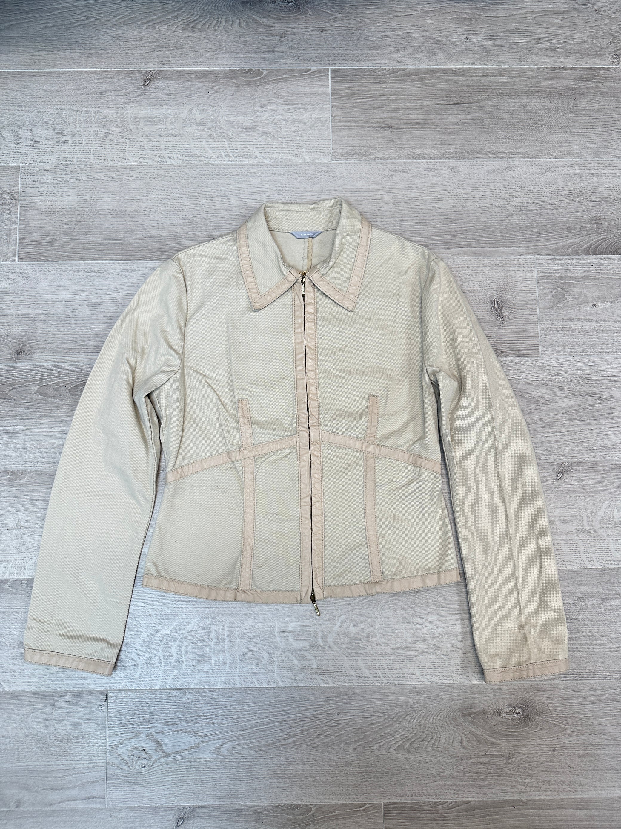 CREAM DENIM JACKET WITH LEATHER DETAIL