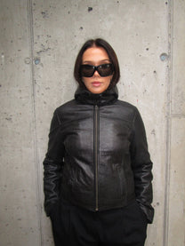 BLACK LEATHER JACKET WITH A HOOD
