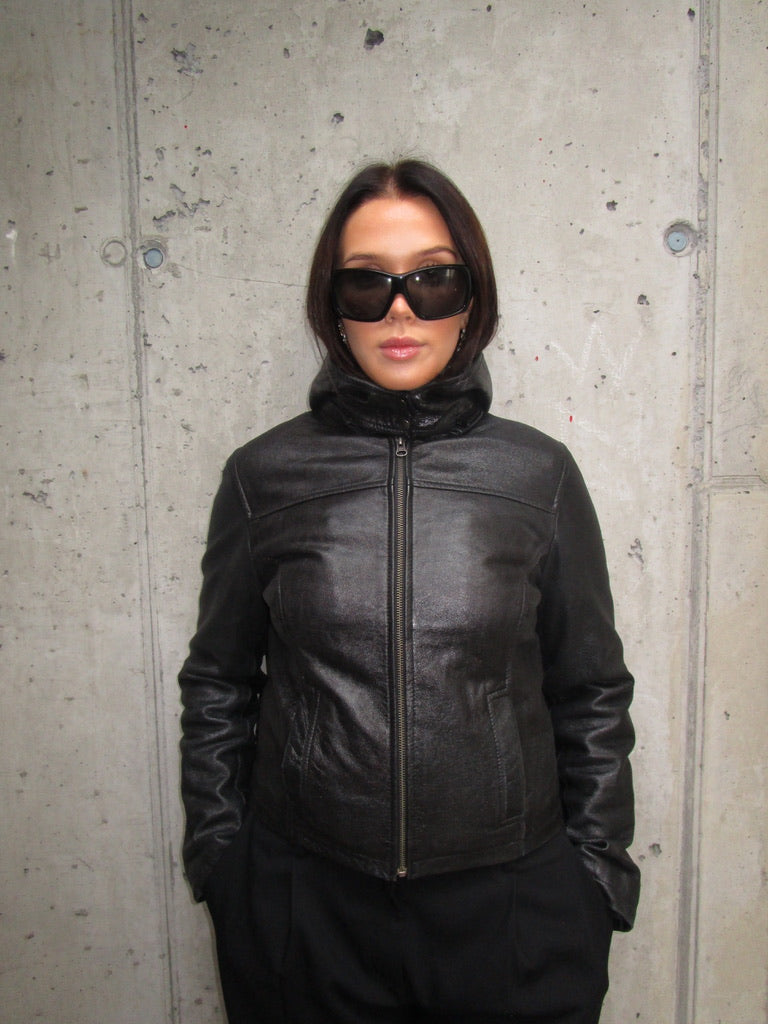 BLACK LEATHER JACKET WITH A HOOD