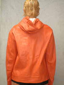 Orange leather jacket with a hood