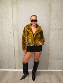 YELLOW SNAKE PRINT FAUX FUR JACKET