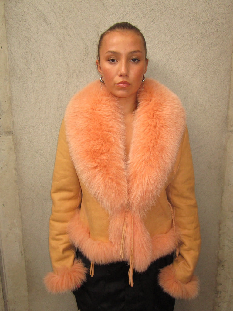 SALMON PINK JACKET WITH FOX FUR COLLAR