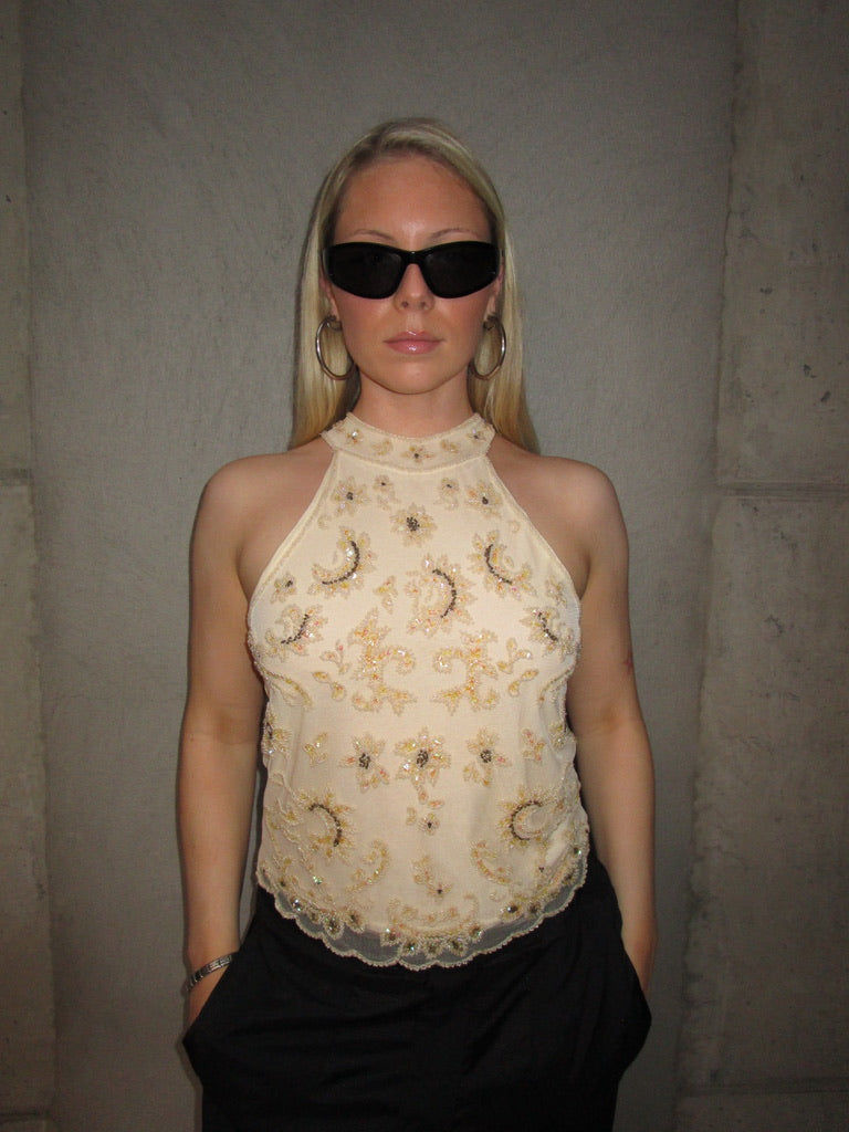 CREAM HIGH NECK SEQUIN TOP