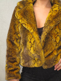 YELLOW SNAKE PRINT FAUX FUR JACKET