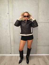 BROWN LEATHER JACKET WITH FUR DETAIL &amp; A HOOD