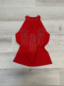 RED TOP WITH FLOWER DETAILS