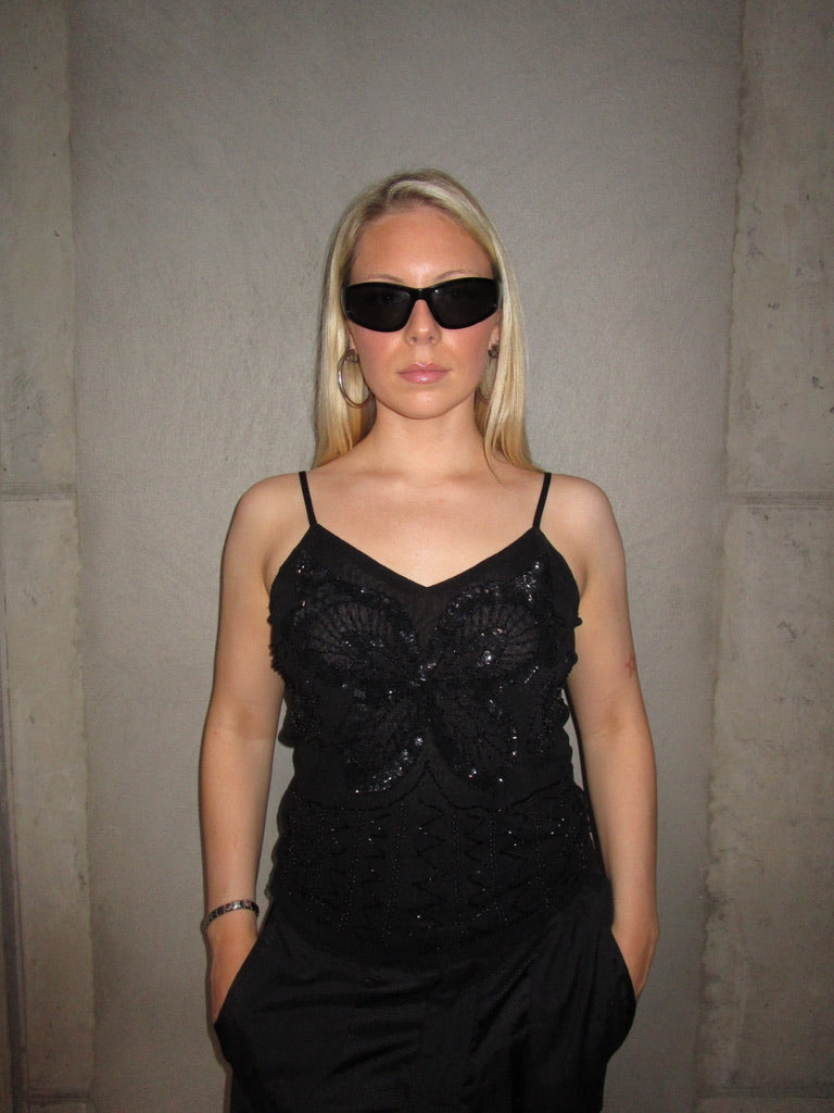 BLACK MESH TOP WITH SEQUIN DETAIL