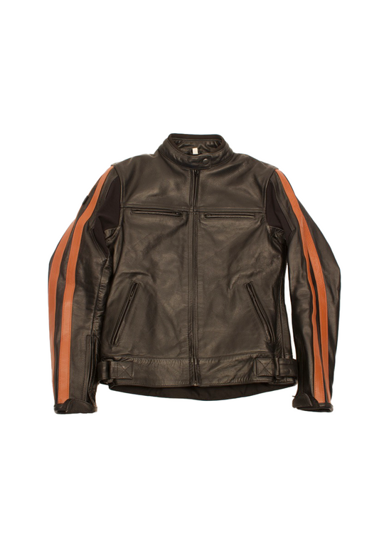 BLACK LEATHER RACER JACKET WITH BOWN STRIPES ON THE SLEEVE