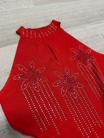 RED TOP WITH FLOWER DETAILS