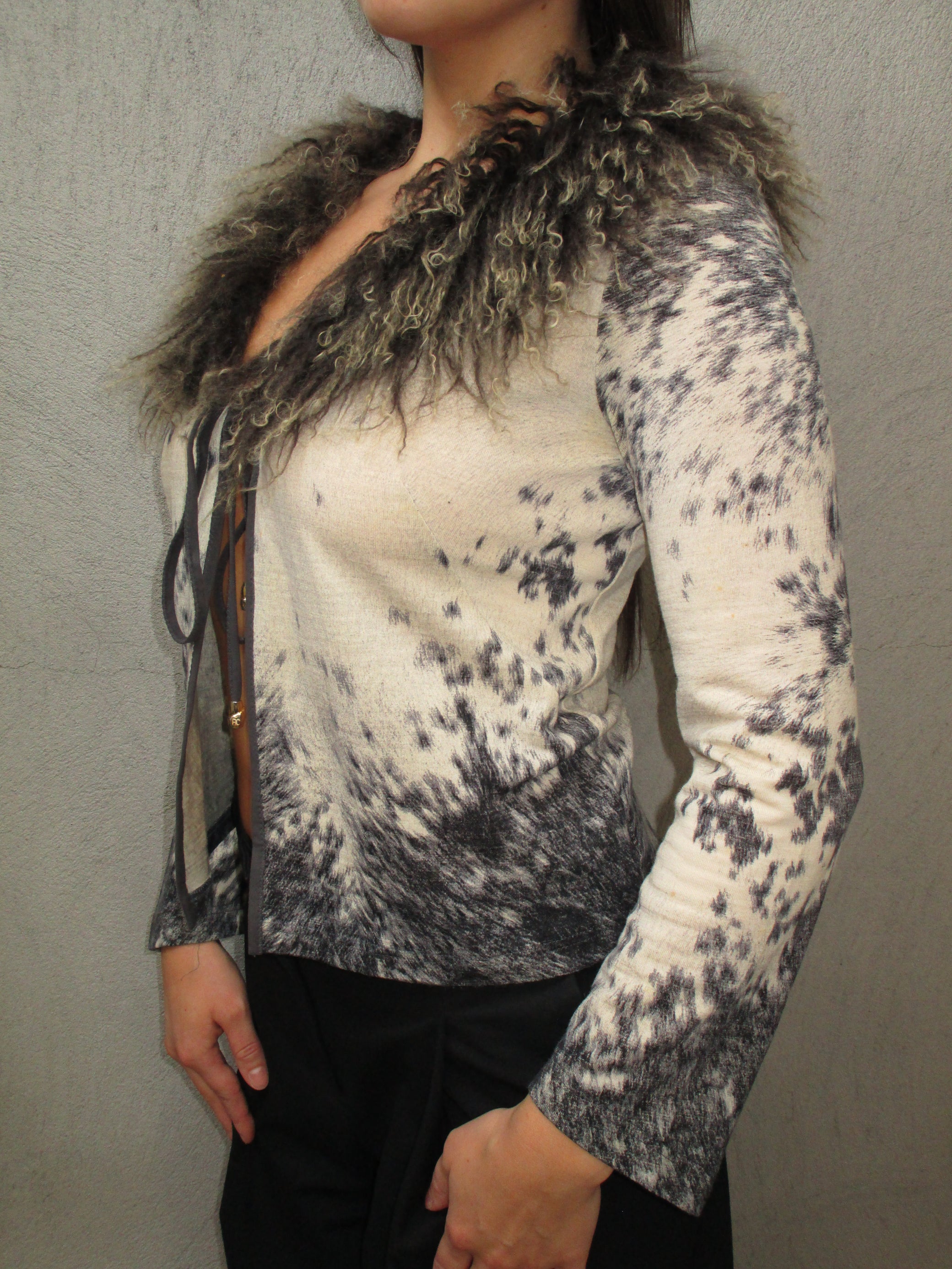 ROBERTO CAVALLI HORSE PRINT &amp; FUR CARDIGAN