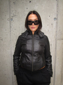 BLACK LEATHER JACKET WITH A HOOD