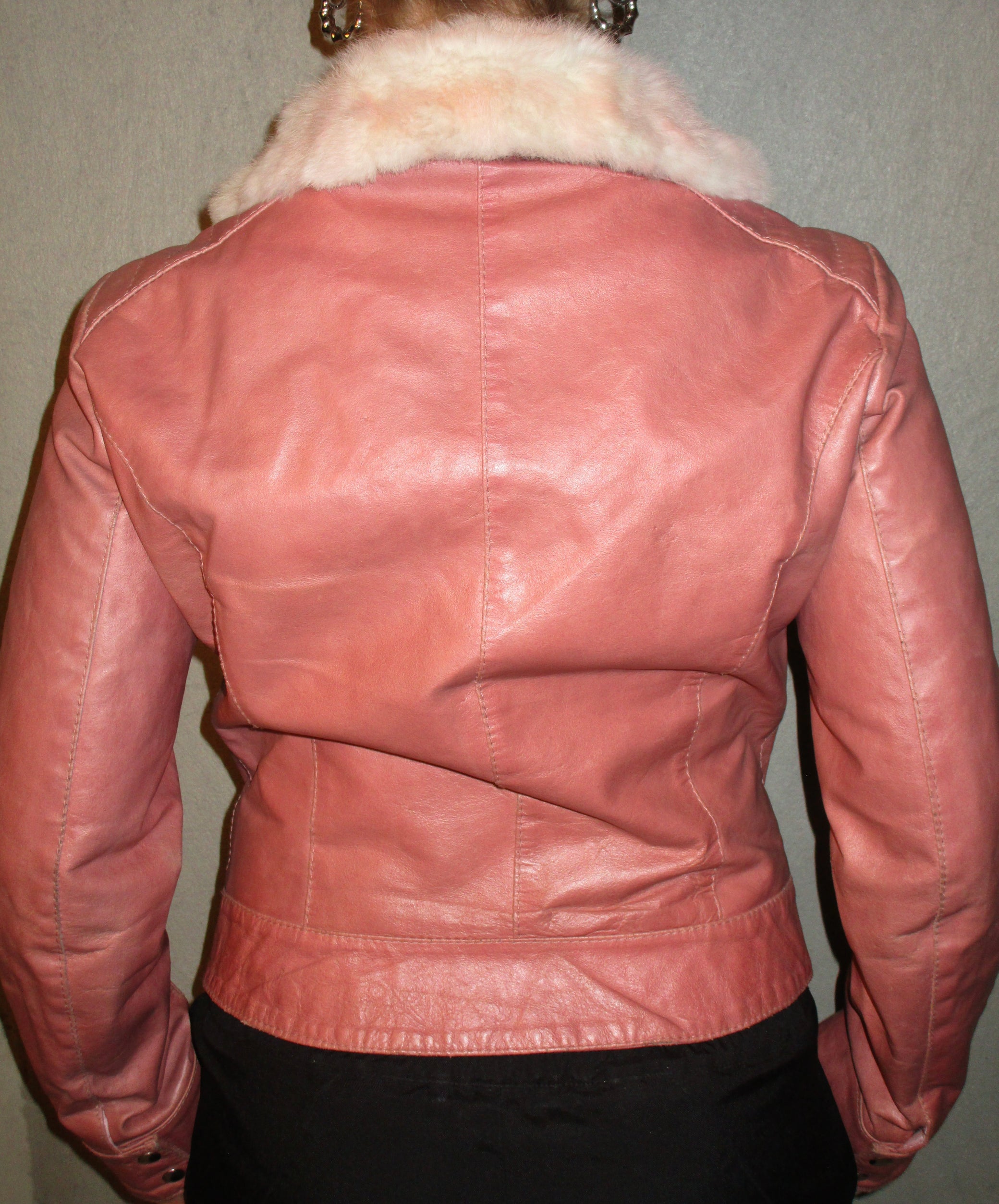 PINK LEATHER JACKET WITH RABBIT FUR