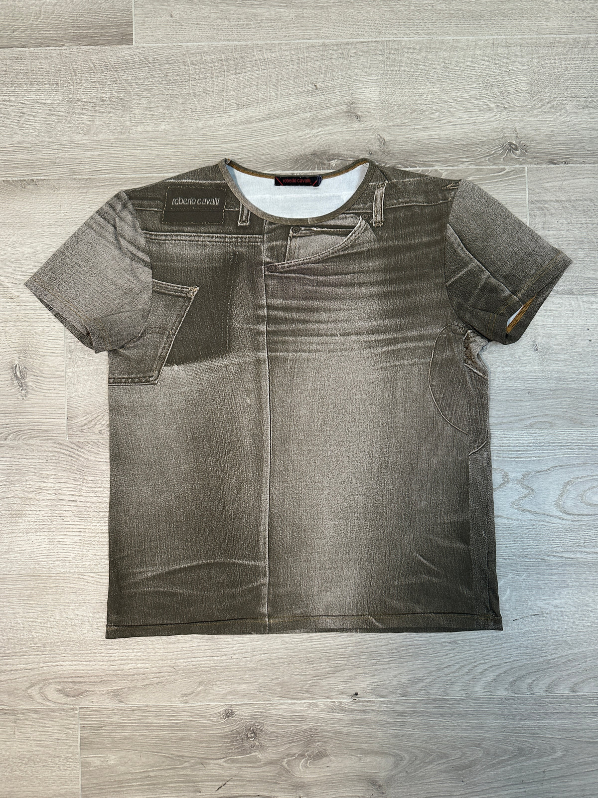 ROBERTO CAVALLI GREEN DENIM PRINT T-SHIRT