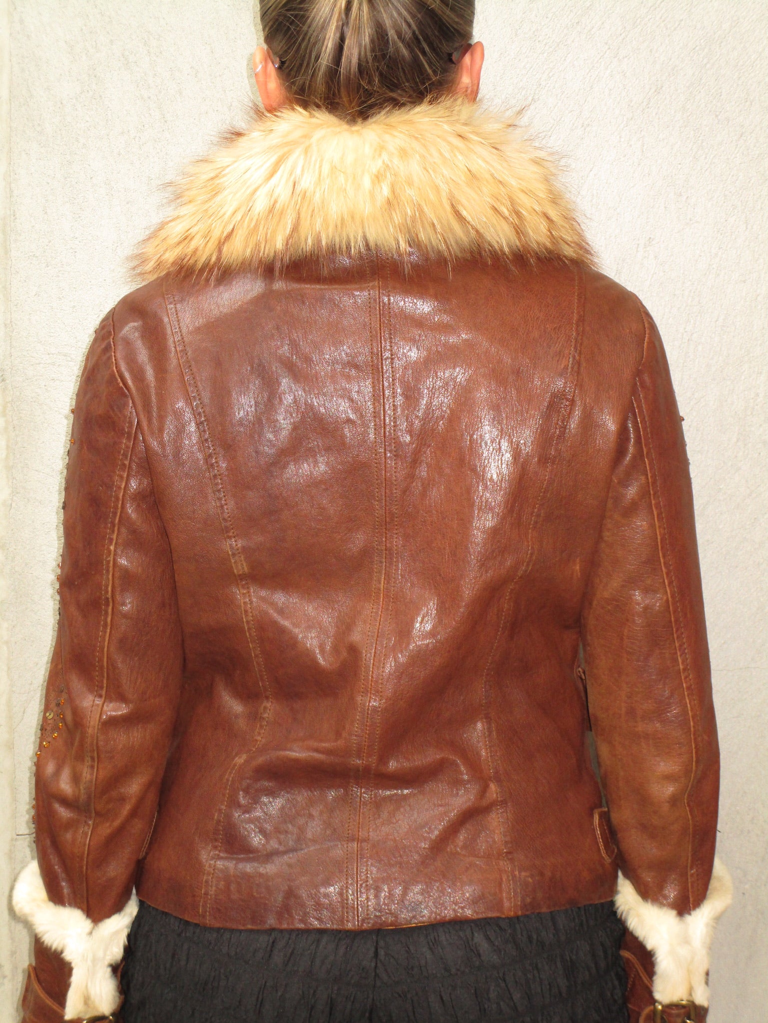BROWN LEATHER JACKET WITH FUR &amp; SEQUIN