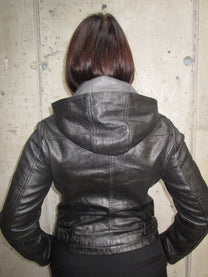 BLACK LEATHER JACKET WITH A HOOD