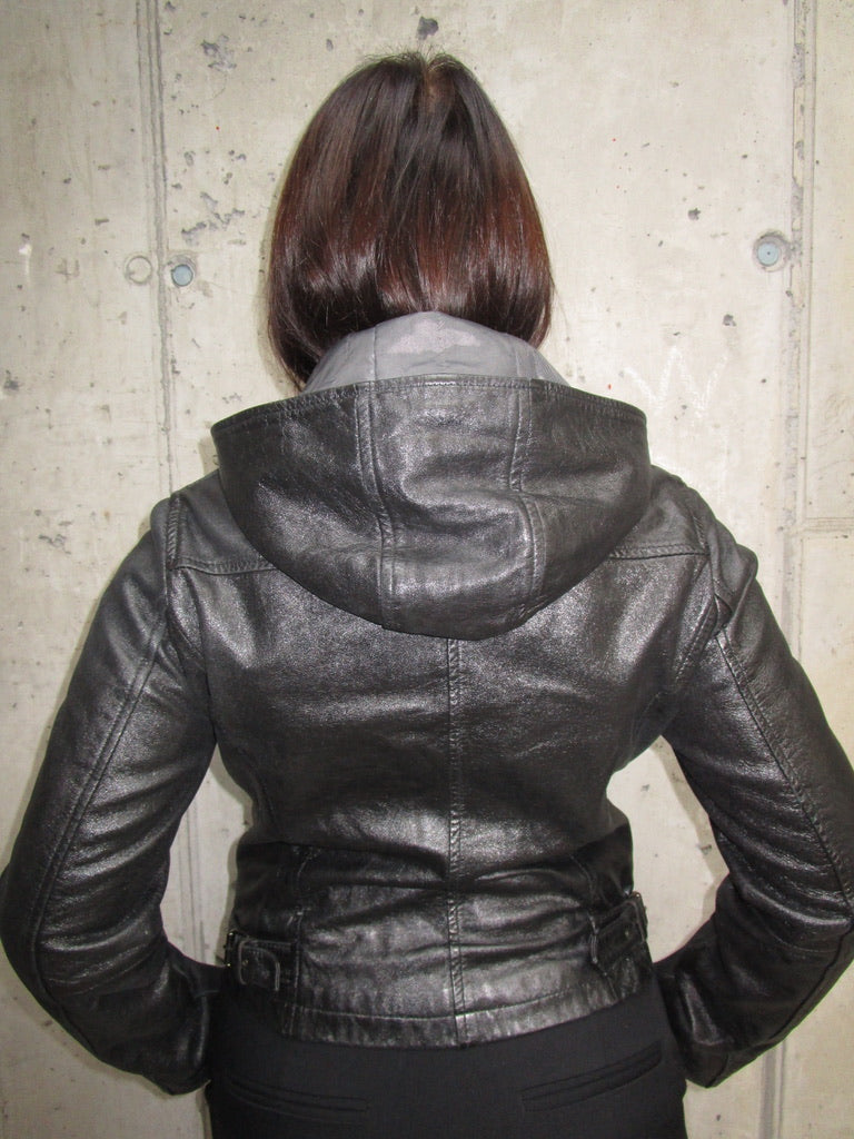 BLACK LEATHER JACKET WITH A HOOD