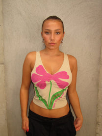 CREAM MESH TOP WITH FLOWER