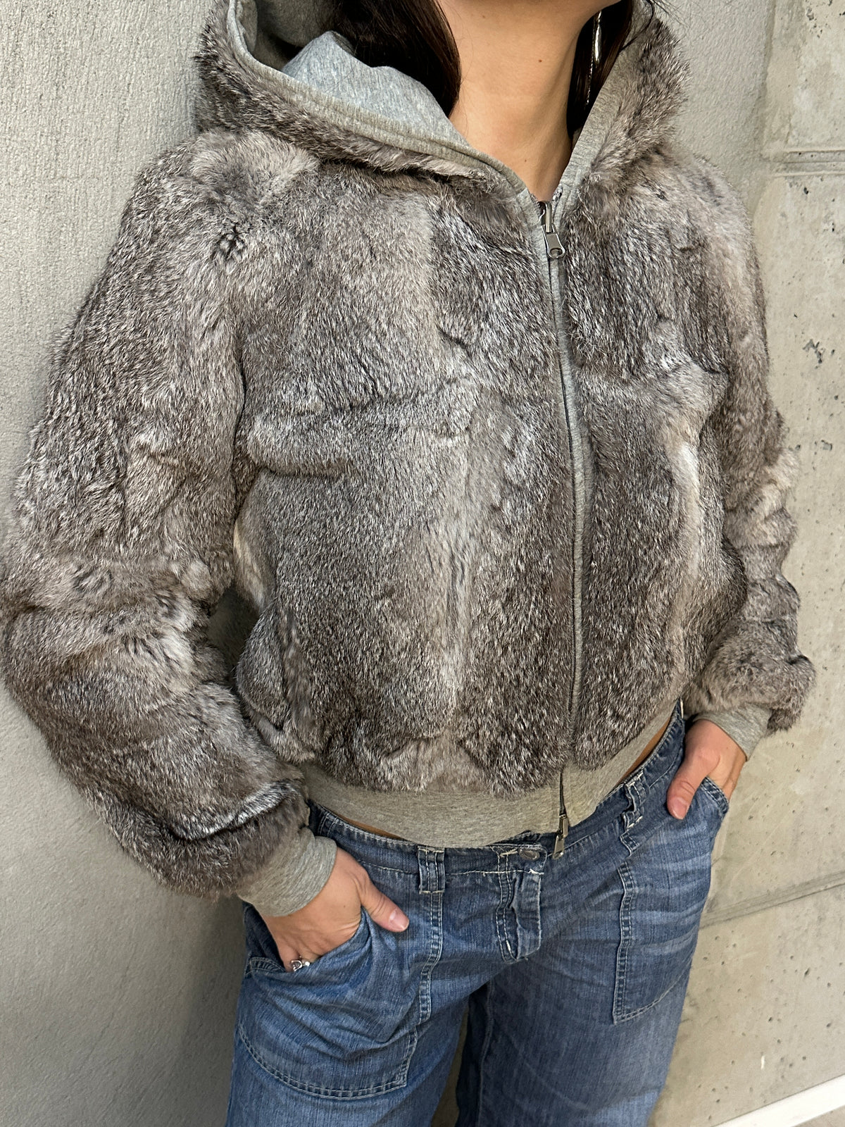 RABBIT FUR REVERSABLE HOODED JACKET