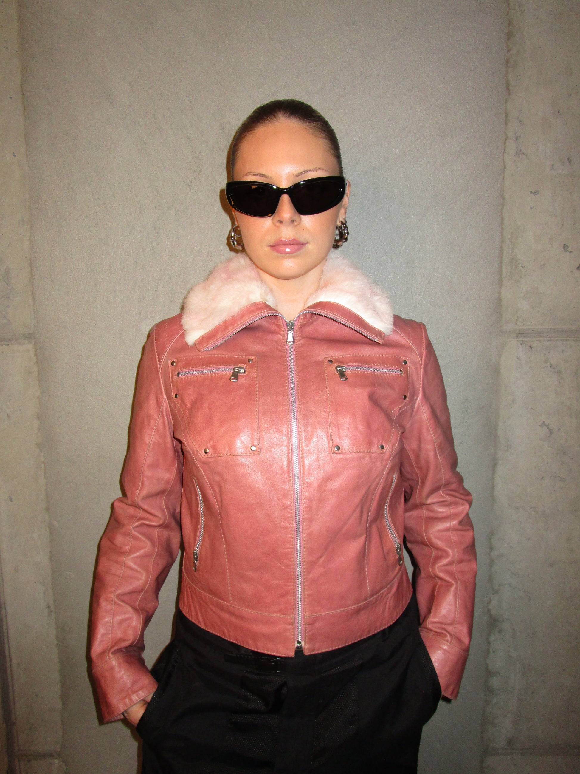 PINK LEATHER JACKET WITH RABBIT FUR