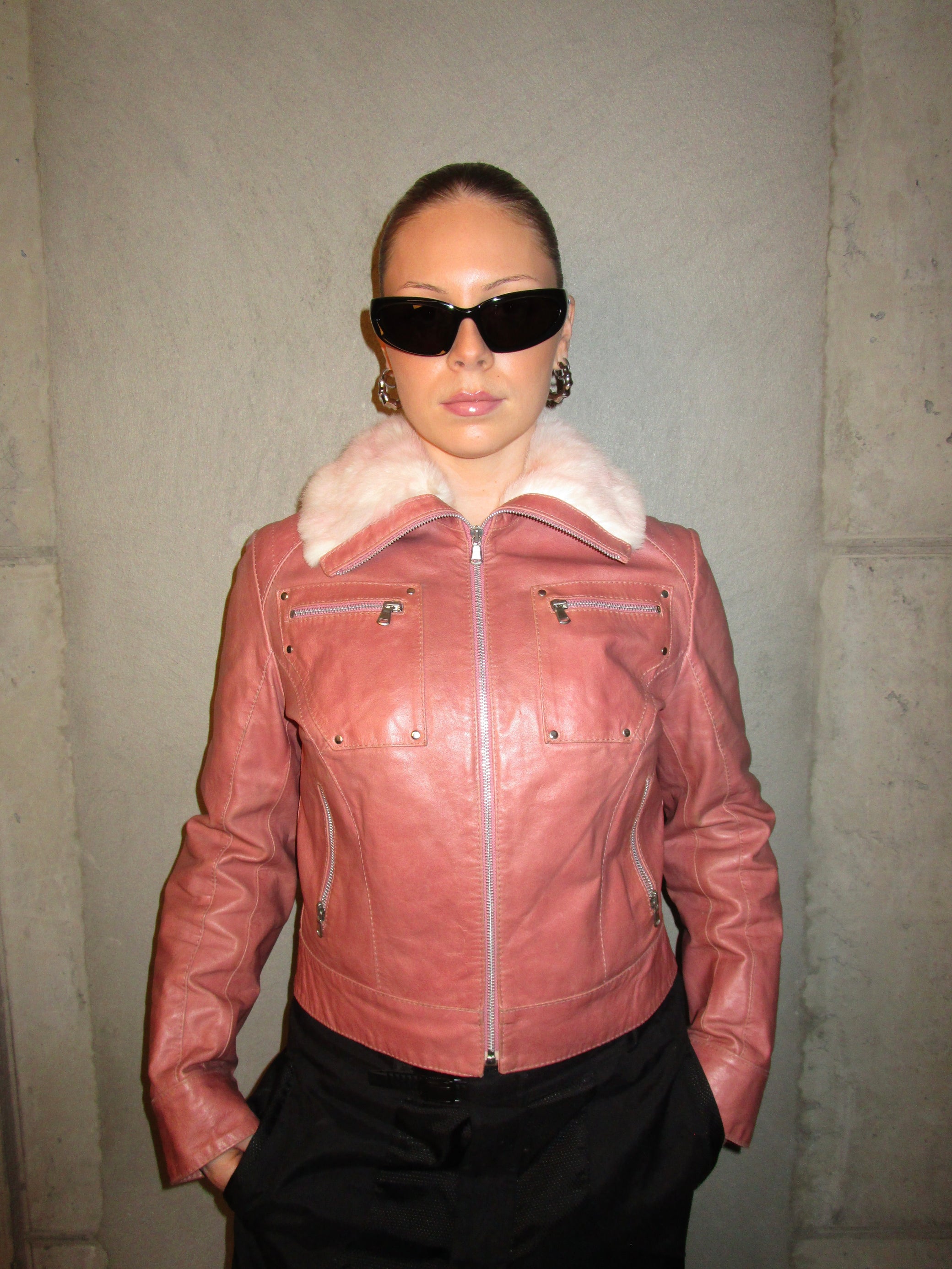 PINK LEATHER JACKET WITH RABBIT FUR