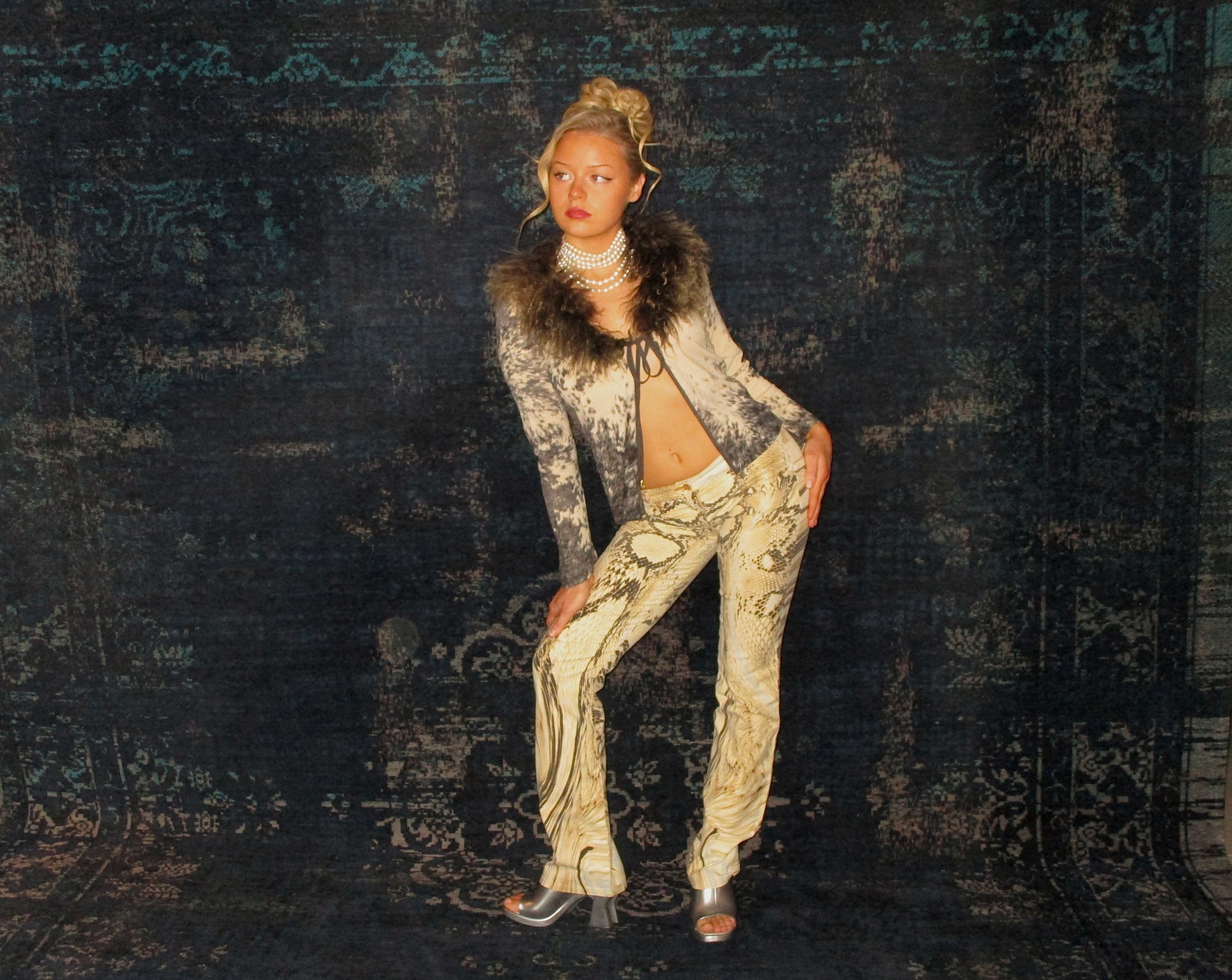 ROBERTO CAVALLI HORSE PRINT &amp; FUR CARDIGAN