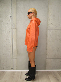Orange leather jacket with a hood