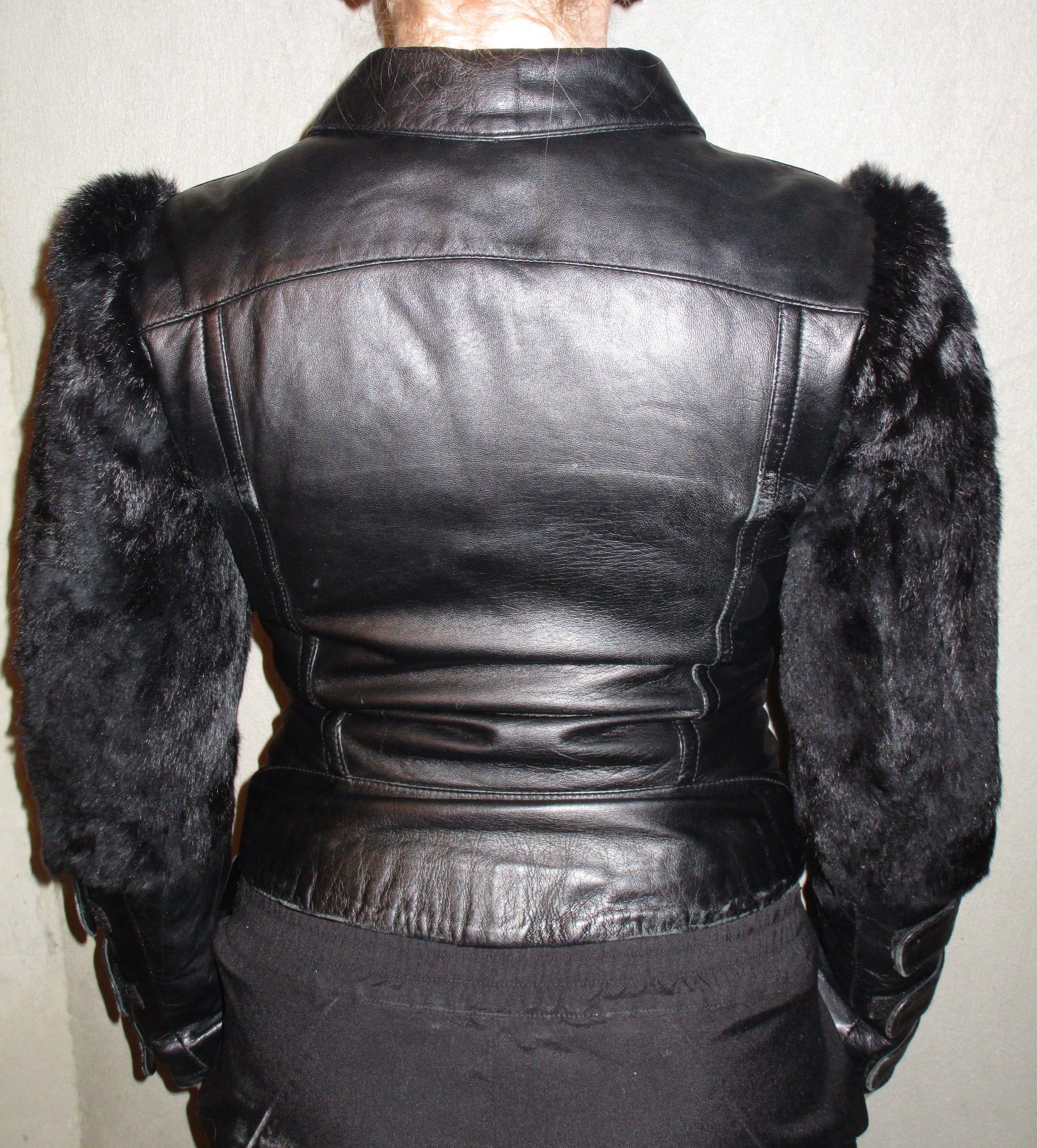 LEATHER JACKET WITH RABBIT FUR SLEEVES