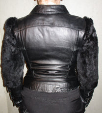 LEATHER JACKET WITH RABBIT FUR SLEEVES