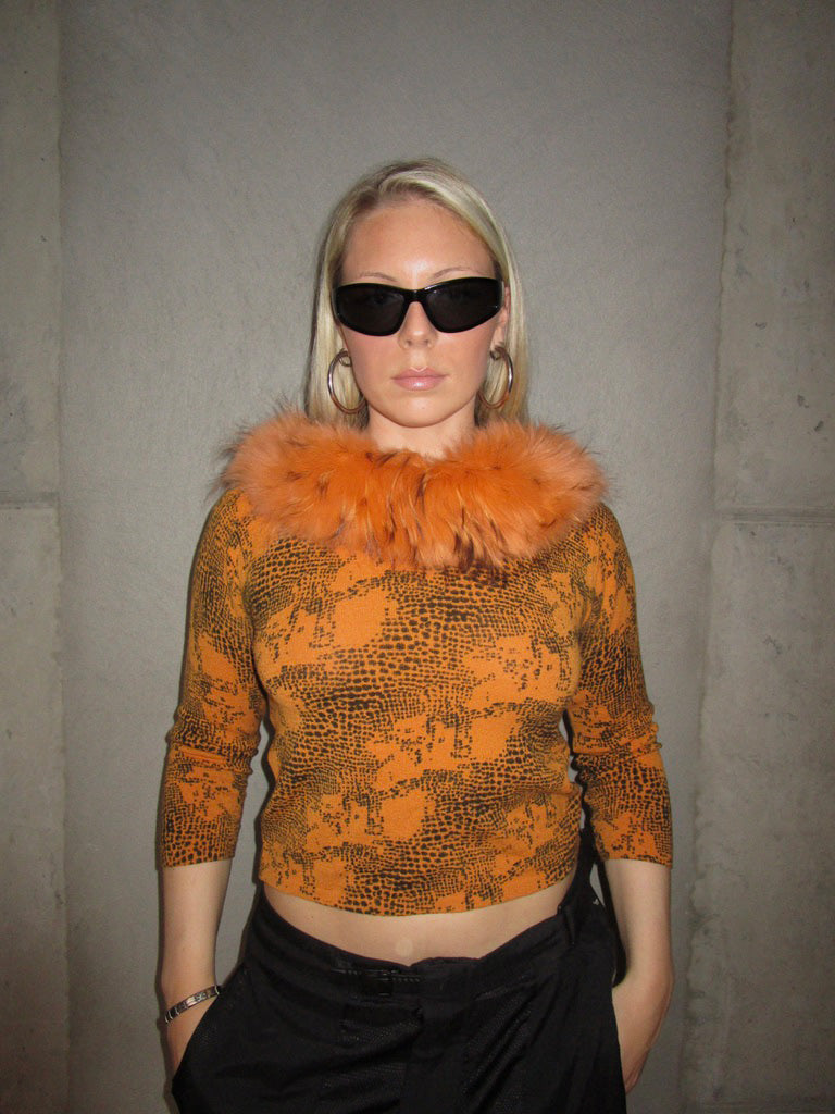 ORANGE QUARTER SLEEVE WITH FOX FUR COLLAR